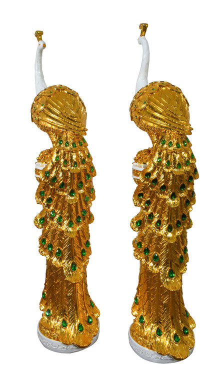 Large Golden Emerald Peacocks on Pedestal Set of 2 Close Up Image