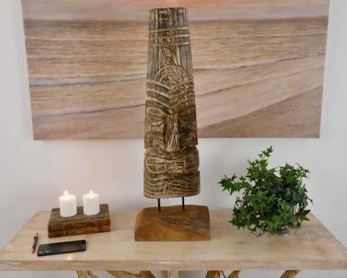 Carved Teak Tiki Mask on Stand 32 inches Room Scene