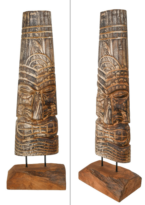 Carved Teak Tiki Mask on Stand 32 inches Close Up Image