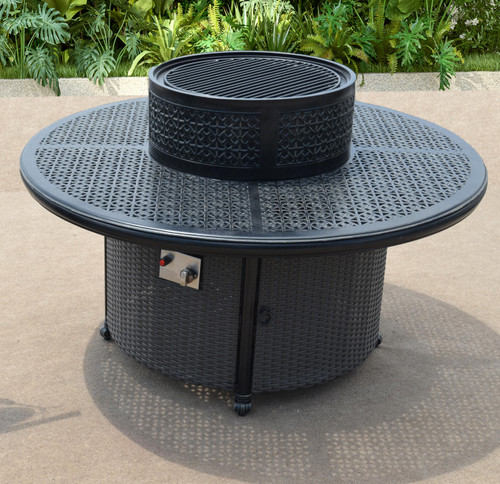 Wyndemere Outdoor Firepit Table Propane, Hibachi Grill with Accessories Bridgeton Moore Patio Room Scene