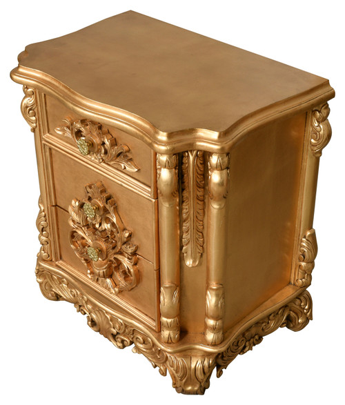Grand Carved 3 Drawer Nightstand Room Scene
