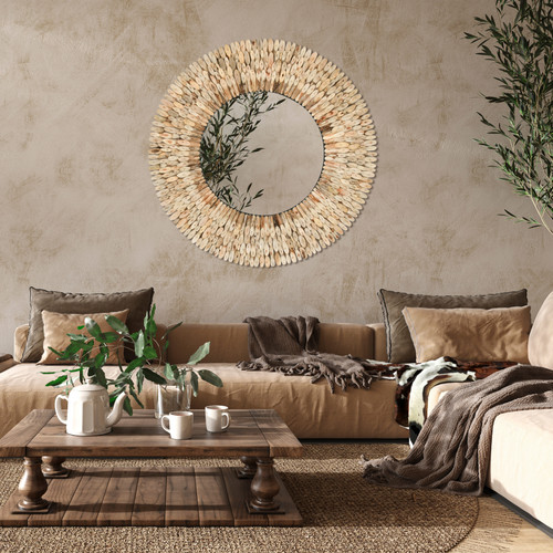 Authentic Natural Wood Round Mirror 47DIA x 2D Room Scene