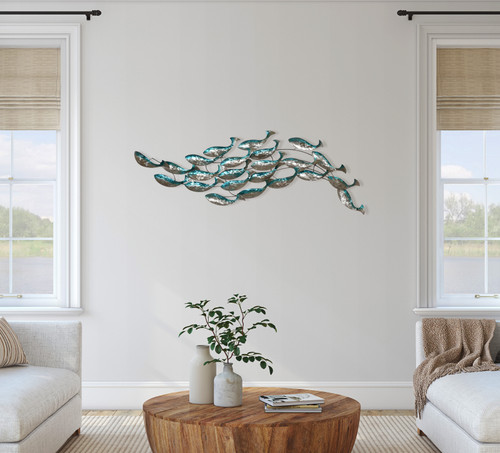 Iron School of Twisted Blue Fish Wall Decor 53 inches Room Scene
