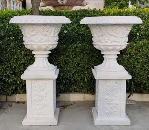 Pair Marble Hunan White Urns on Pedestals 12025533