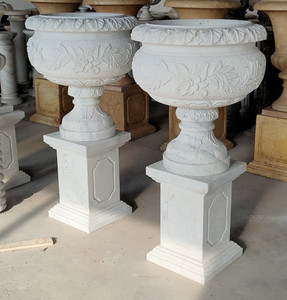 Pair White Marble Urns on Base
