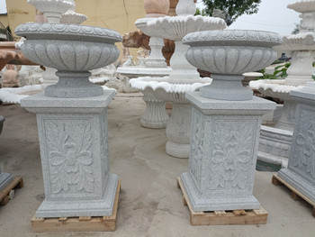 Pair of Sesame White Marble Urns on Pedestals 20759