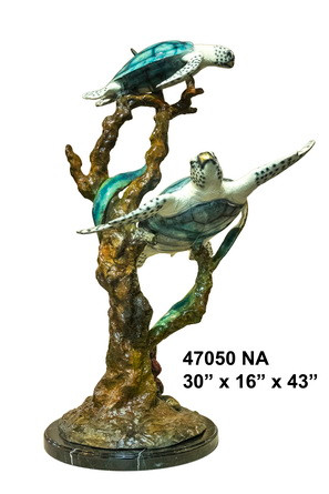 Two Turtles with Coral on Marble Base in Special Patina