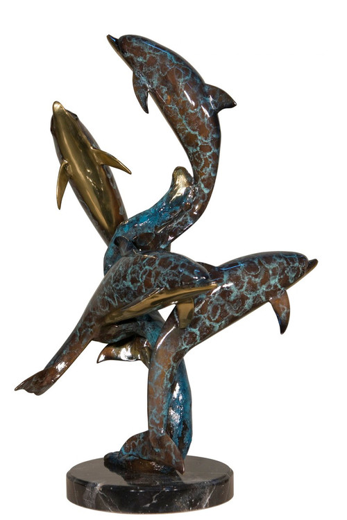 Four Dolphins on Marble Base in Special Patina