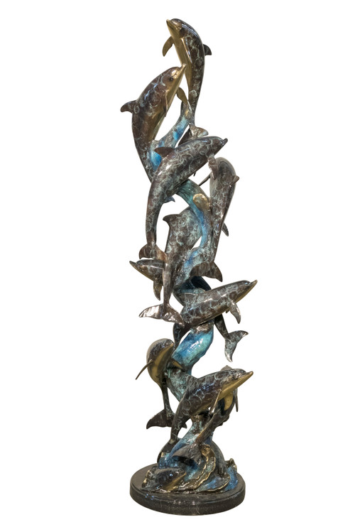 12 Dolphins on Marble Base Special Patina 57 Inch Tall Room Scene