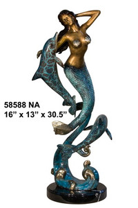 Mermaid with Two Dolphins on Marble Base in Special Patina