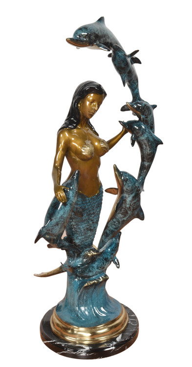 Mermaid with Seven Dolphins on Marble Base 29 Inches Tall Close Up Image