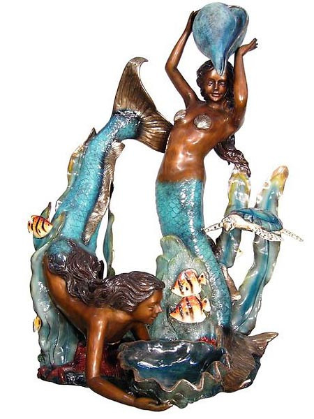 Two Mermaids Holding Shell in Polychrome Finish
