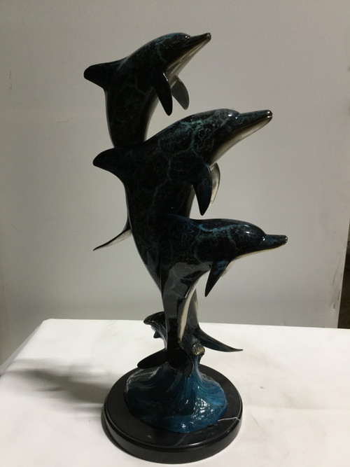 Family II Three Dolphins on Marble Base in Special Patina 23 Inches Tall Close Up Image