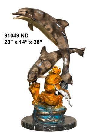 Two Dolphins and Turtle with on Coral Marble Base