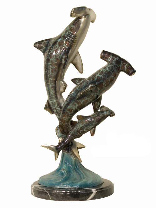 Three Hammerhead Sharks on Marble Base in Special Patina 21 Inches Tall Room Scene