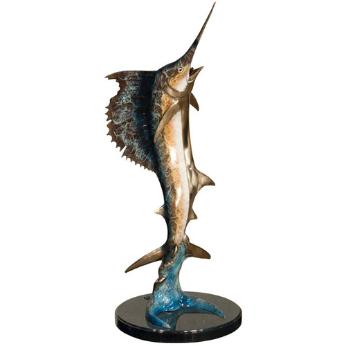 41"H Swordfish On Marble Base In Special Patina Bronze Statue Garden Sculpture