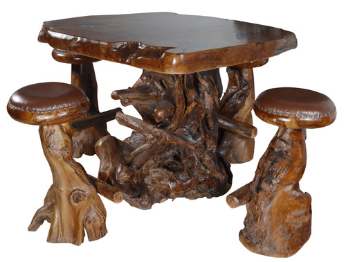 Live Edge Natural Teak Bar Table Set of 5 Room Scene