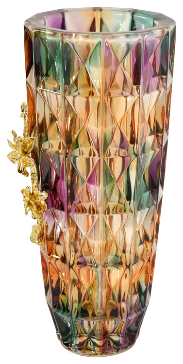 Multi Color Cut Glass Vase With Gold Accent