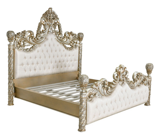 Grand Platine Finish Carved Mahogany Tufted Poster King Bed