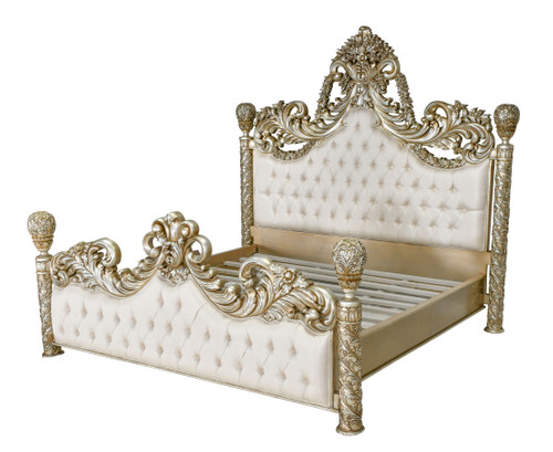 Grand Platine Finish Carved Mahogany Tufted Poster King Bed Close Up Image