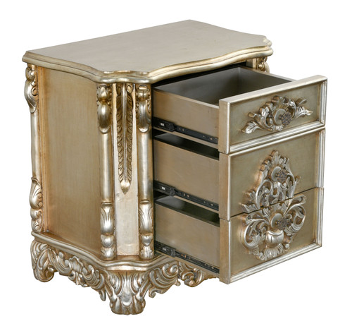 Grand Platine Finish Carved 3 Drawer Nightstand Close Up Image
