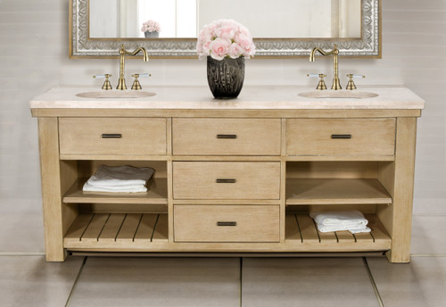 Customizable Double Bathroom Vanity with Marble Top 84"W Beachstone Room Scene