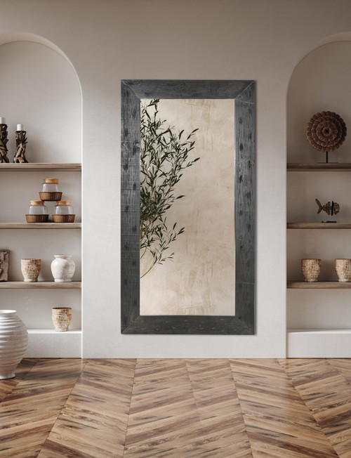Distressed Smoked Black Wood Leaner Mirror 42Wx 3D x 77.5H Room Scene