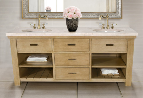 Customizable Double Bathroom Vanity with Marble Top 72"W Beachstone Room Scene