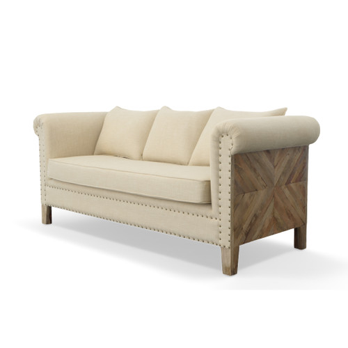 Mango Wood Solid Parquet and Linen Sofa 72 Inches