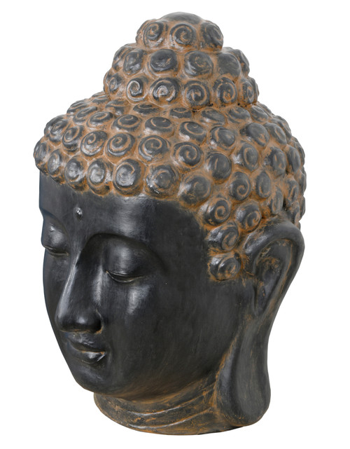Buddha Head Bust Black Earth Finish 27.5 Inches Tall Indoor Outdoor Hand Cast and Hand Finished