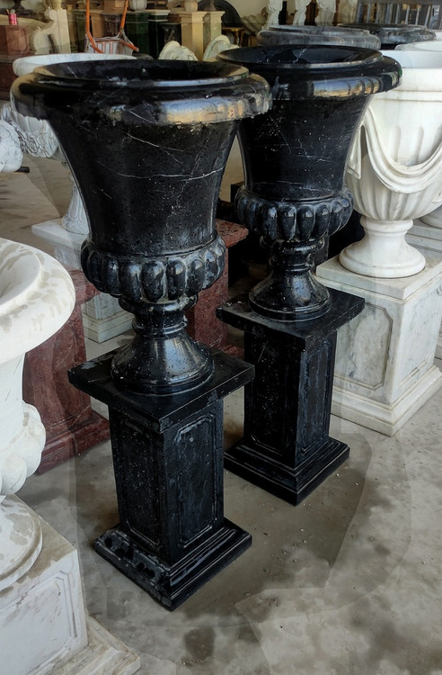 Pair Black Marble Urn on Pedestal
