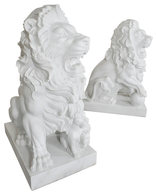 Pair of White Marble Roaring Lions Close Up Image
