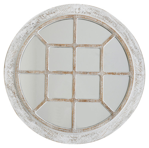 Rustic Whitewash Windowpane Round Mirror 28Dia