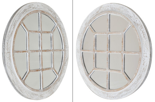 Rustic Whitewash Windowpane Round Mirror 28Dia Close Up Image