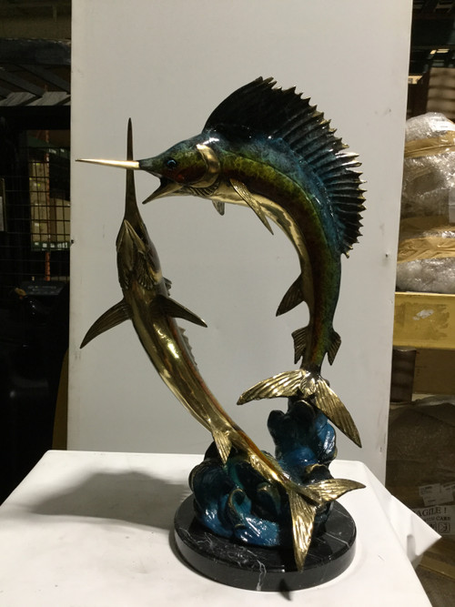 Two Swordfish Bronze in Special Patina 34in