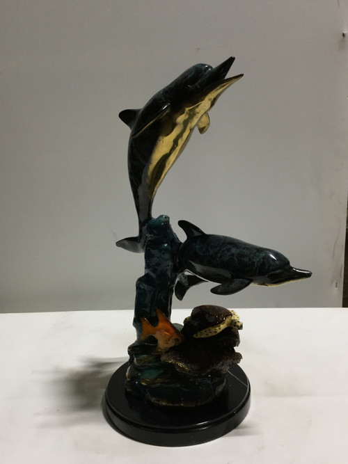 Two Dolphin with Turtle Bronze in Special Patina 16in Room Scene