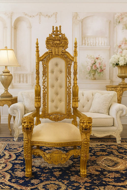 King Chair in Gold Leaf and Cream Fabric