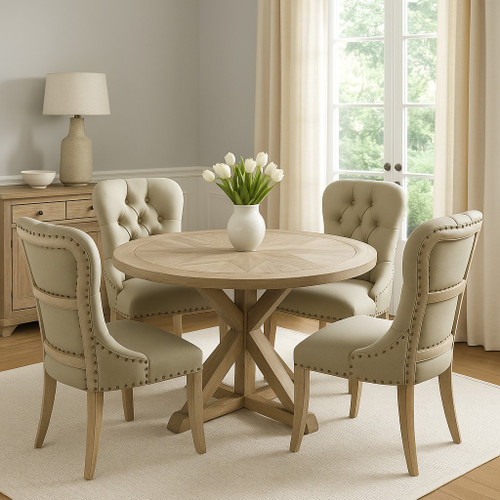 Farmhouse Diamond Faux Leather Workshop 48' Round Dining Table Set of 5