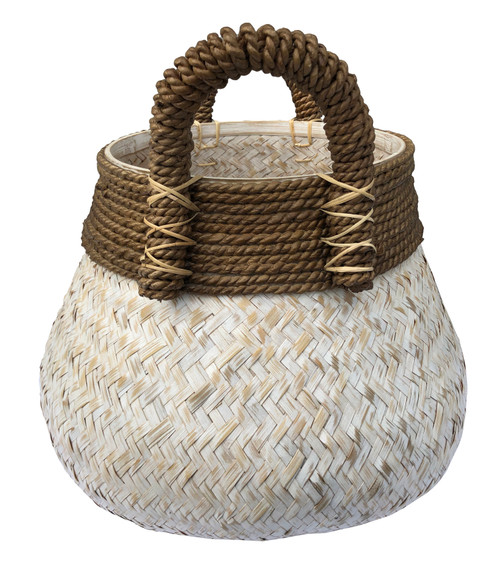 White Splint Weave Basket With Brown Handles