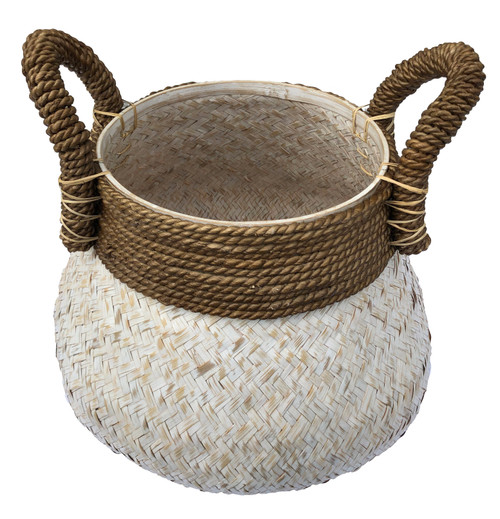 White Splint Weave Basket With Brown Handles