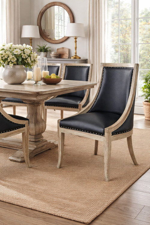 Farmhouse Barrel Chair with Black Leather