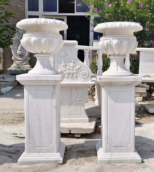 Classic White Marble Urn Planters on Pedestals  Set of 2 "H49.6"*D18"