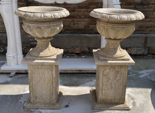 Classic Granite Urn Planters on Pedestals  Set of 2 Granite H49.6"*D18"