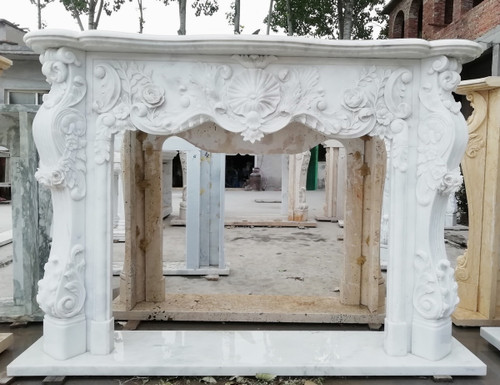 Ornate French Baroque White Marble Fireplace Mantel Carrera Marble L76.7"*H55"*13.8"    OPEN:L48"*H37.4"