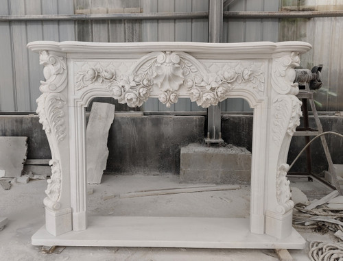 Ornate Italian Floral White Marble Fireplace Mantel Italian white L70.8"*H50.7"*13.8"    OPEN:L44.8"*H36"