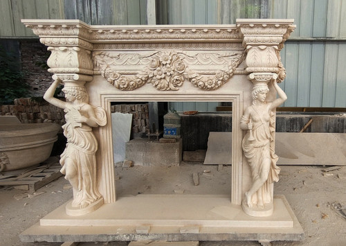 Egyptian Revival Caryatid Beige Marble Fireplace Mantel Egyptian beige L80"*H61"*14"    OPEN:L42"*H36"