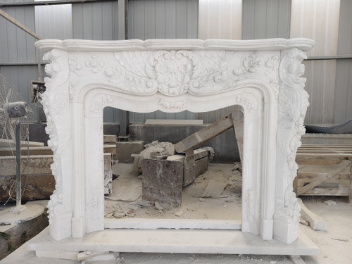 French Rococo Floral White Marble Fireplace Mantel White Marble L76.3"*H57"*13.8"    OPEN:L42"*H36"