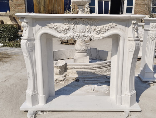 French Neoclassical Floral White Marble Fireplace Mantel White Marble L66.1"*H51.5"*13.8"    OPEN:L37"*H34.8"