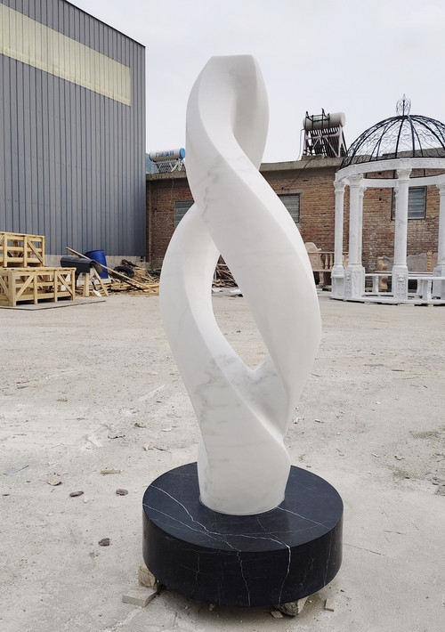 Abstract Twisted Flame White Marble Sculpture on Black Marble Base White Marble H57"*L21.6"*W21.6"