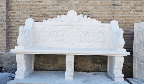Ornate Floral White Marble Garden Bench White Marble L80.7"*H53.5"*W23.6"